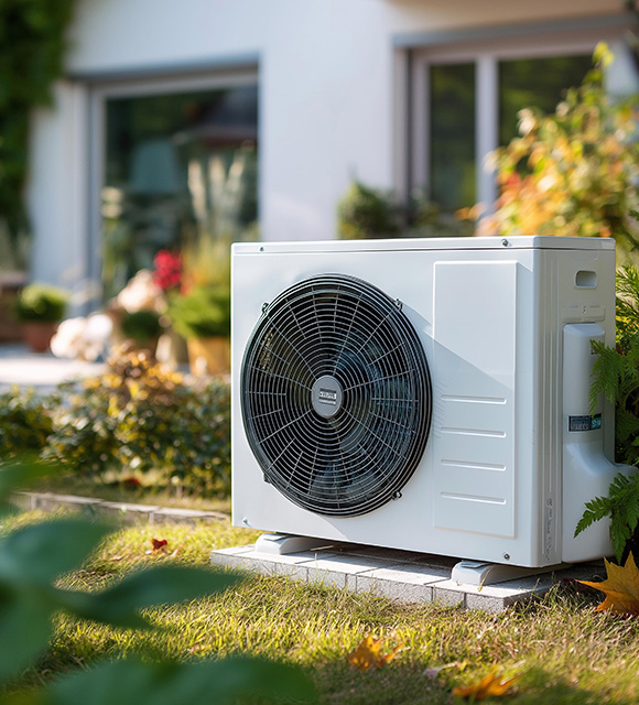 outdoor air conditioning unit in a garden environment with a focus on energy efficiency and comfort for hot summer days