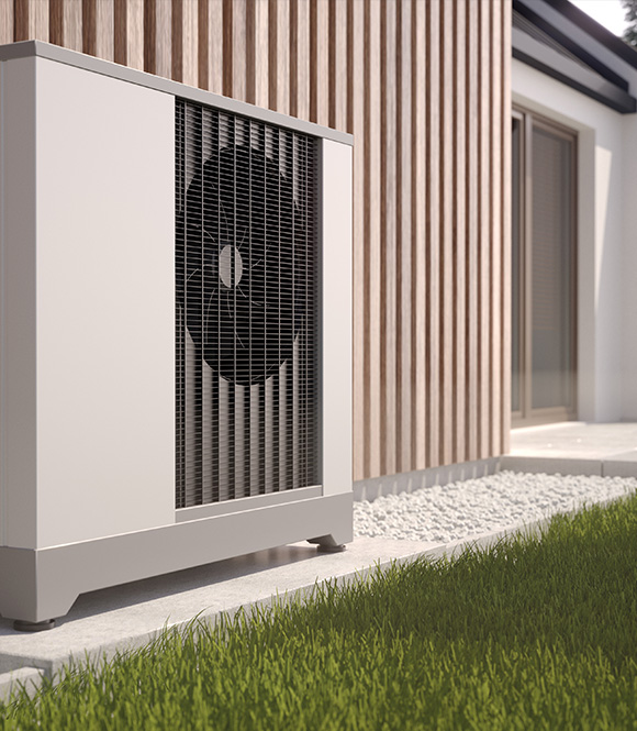 outdoor heat pump unit with large fan modern design green grass residential area 3 energy efficiency options
