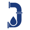 blue pipe icon with a water drop symbol representing plumbing solutions six key features